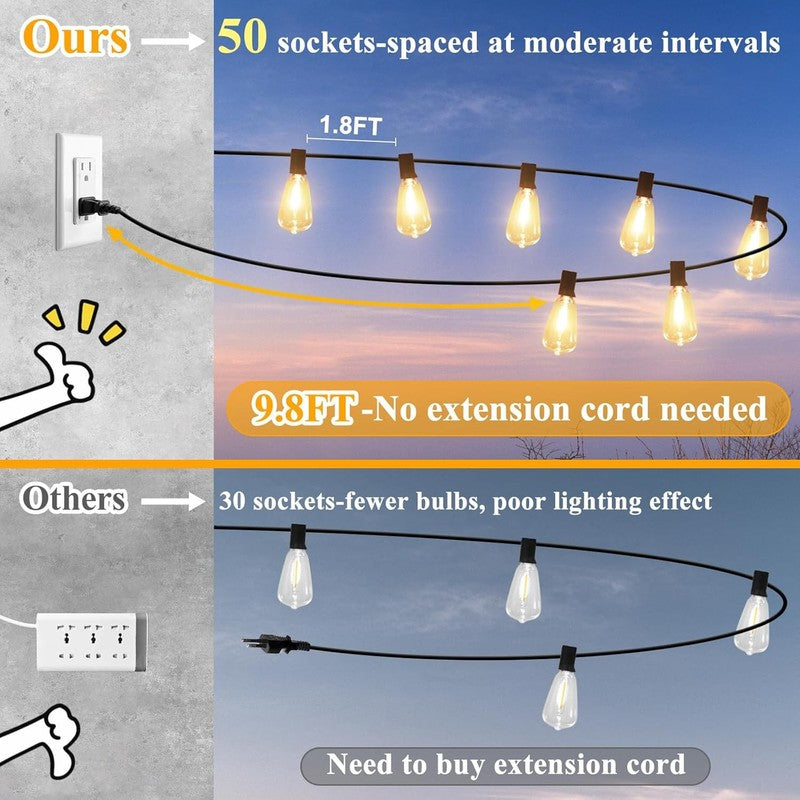 LED Outdoor String Lights 100FT Patio Lights with 52 Shatterproof ST38 Vintage E2