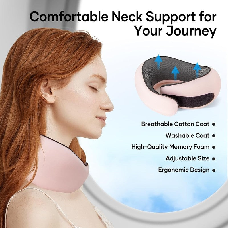 Memory Foam Travel Neck Pillow 360° Support for Airplane & Car – Pink4