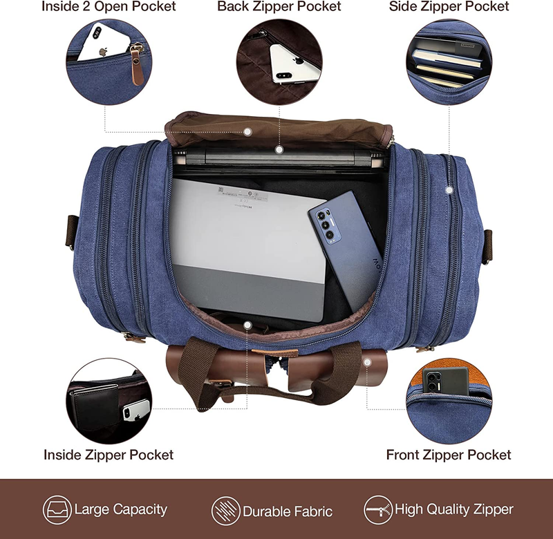 Travel Duffel Bag 50L Expandable Canvas Leather Carry On Bag Weekender2