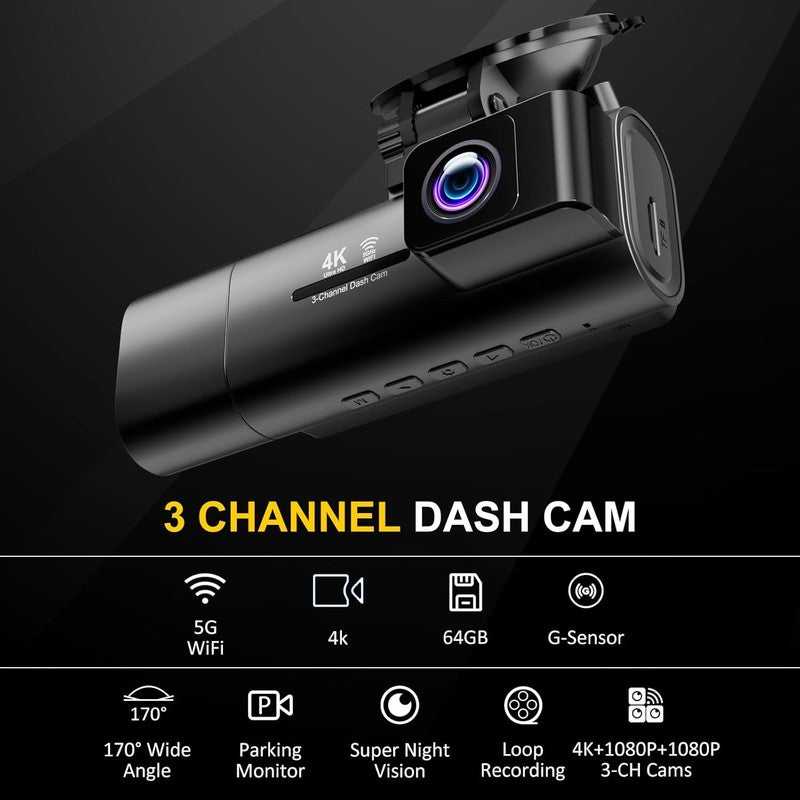 3-Channel 4K+1080P Dash Cam Front Rear Inside w/ WiFi 64GB Card Night Vision6