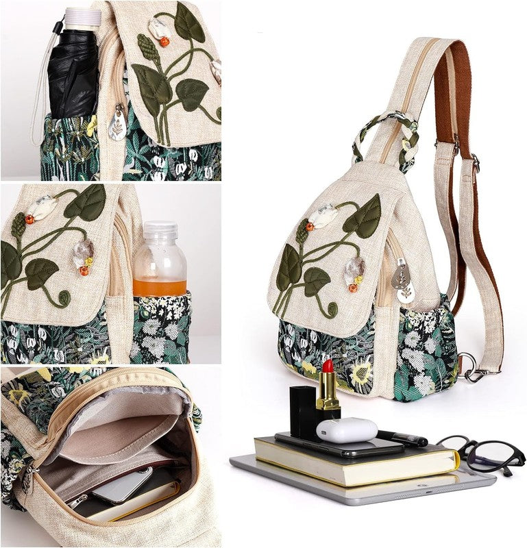 Women Convertible Sling Bag Canvas Mini Backpack Artisan Handcrafted Green Marsh1