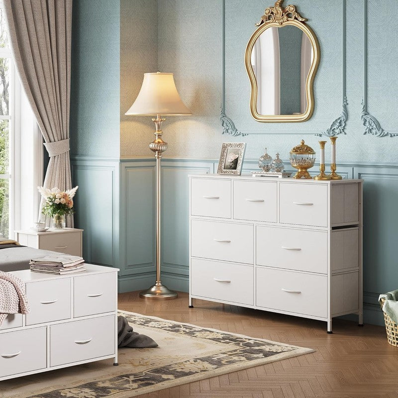 7 Drawer Dresser TV Stand White Fabric Storage Chest Wood Top Steel Frame3