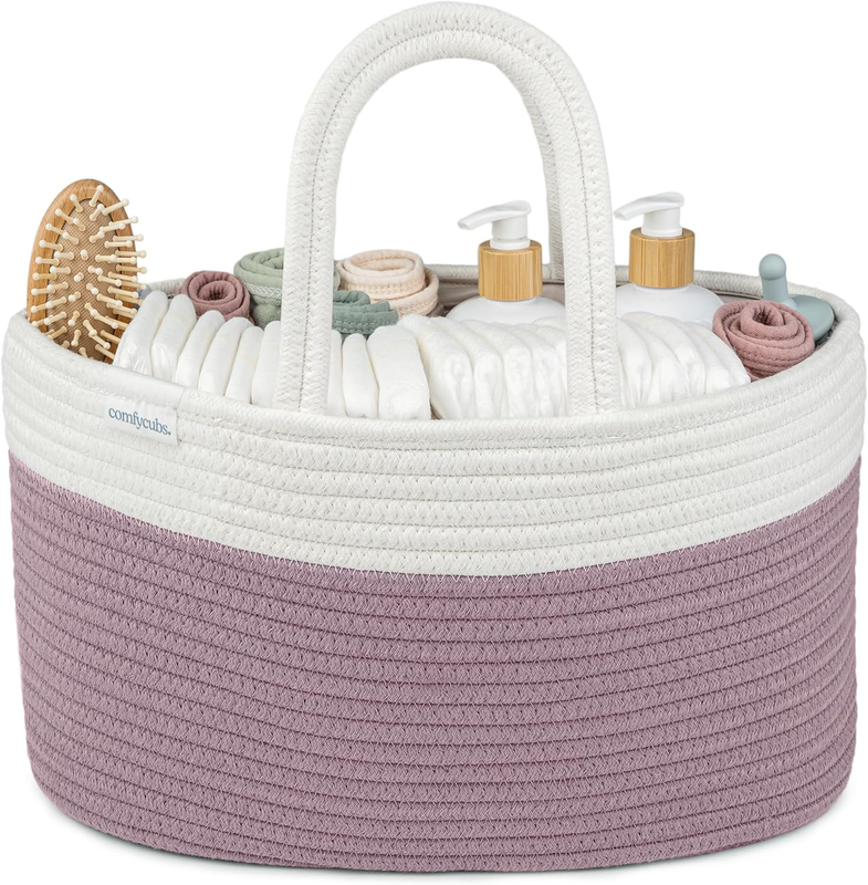 Rope Diaper Caddy Organizer Large 3 Compartment Baby Basket Mauve8