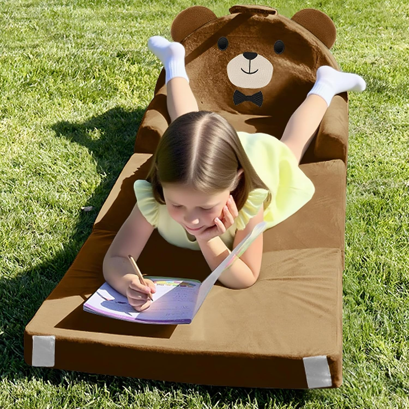 Kids Foldable Sofa Bed w/ Washable Cover, Crystal Velvet Toddler Chair Brown1