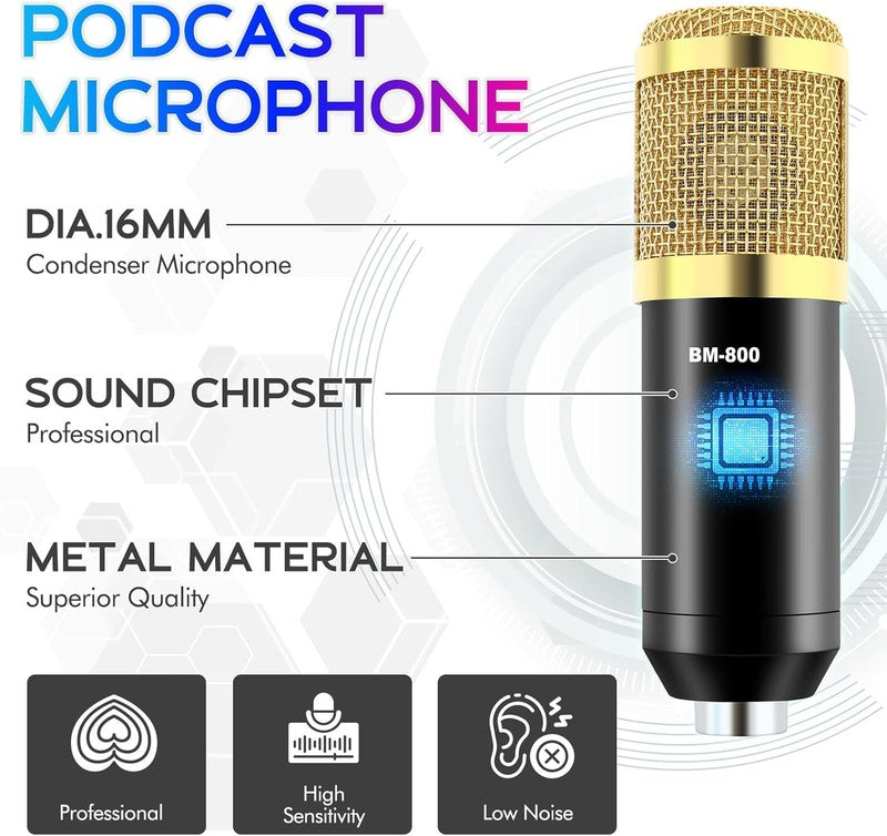 Podcast Equipment Bundle BM 800 Mic Gold & F998 Sound Card Recording Kit1
