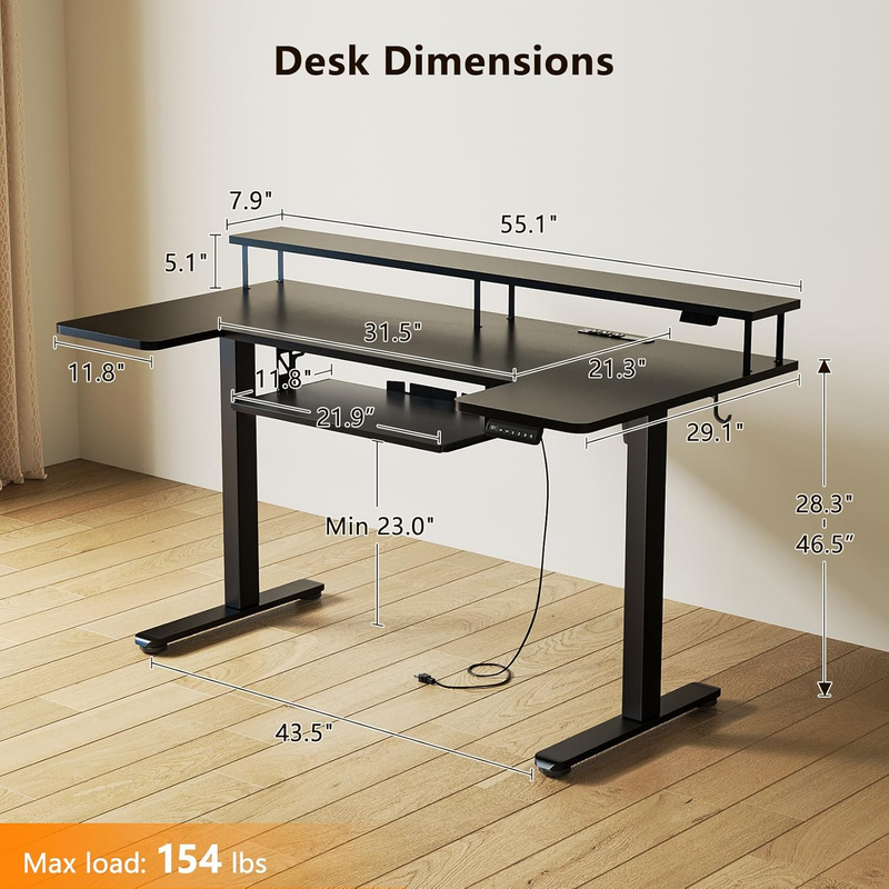 55" U Shaped Electric Standing Desk w/ Keyboard Tray LED Lights Black2