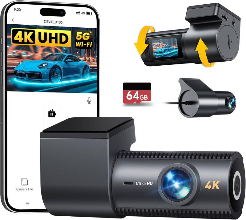 4K+1080P Dual Dash Cam Front Rear w/ 64GB Card 5GHz WiFi App Night Vision9