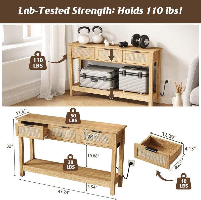 47'' Entryway Console Table Natural with USB-C & Outlets 3 Rattan Drawers4
