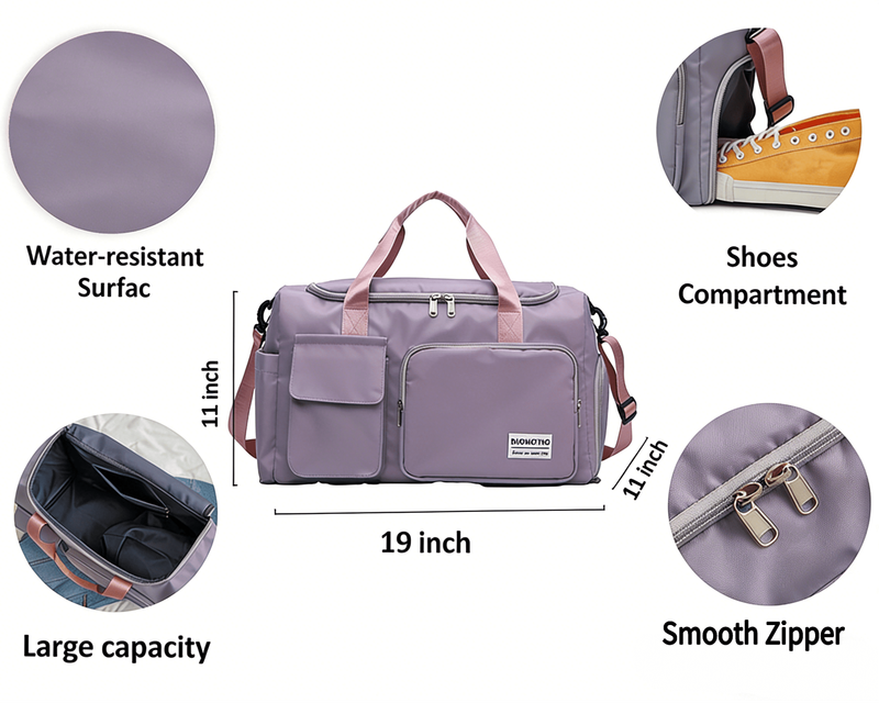 Large Travel Duffle Bag with Shoe Compartment, Waterproof Nylon Weekender Overni2