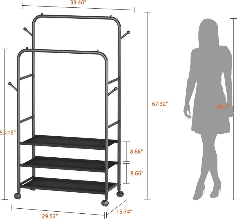 Rolling Clothes Rack 3-Tier Portable Garment Organizer with Wheels, Black3