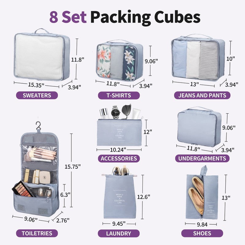 3-Piece Luggage Set with 8 Packing Cubes, Hard Shell Suitcases with Spinner Whee2