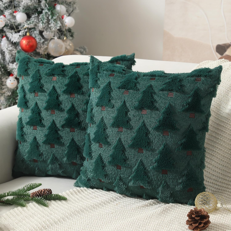 Christmas Pillow Covers 18"x18" Set of 2 Green Plush Faux Fur Tree Holiday Decor8