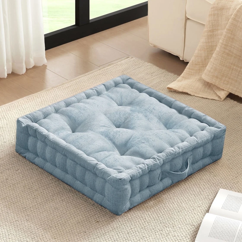 Large Tufted Floor Pillow 24"x24" Chenille Meditation Cushion Aqua10