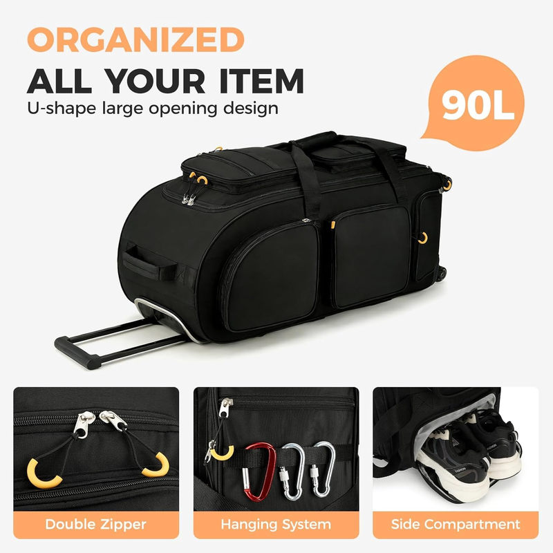 90L Rolling Duffle Bag w/ Wheels Handle 31in Travel Duffel Black1