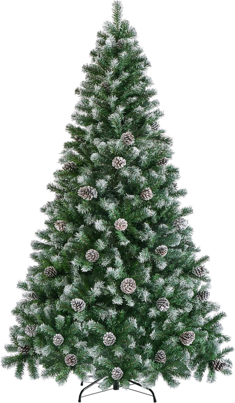 7.5Ft Artificial Christmas Tree, Snow Flocked Christmas Tree W/82 Pinecones, 1349