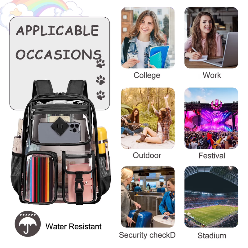 Large Clear Backpack Waterproof See Through School Bag Black6