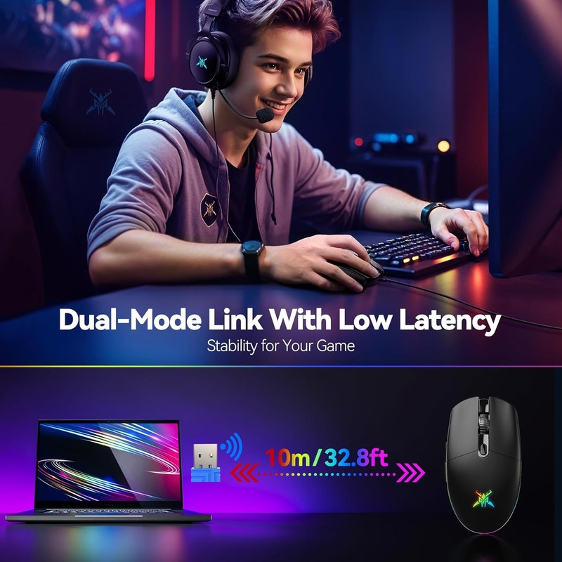 Rechargeable Wireless Gaming Mouse   8000 DPI, RGB, 100Hrs Battery, Dual Connect2