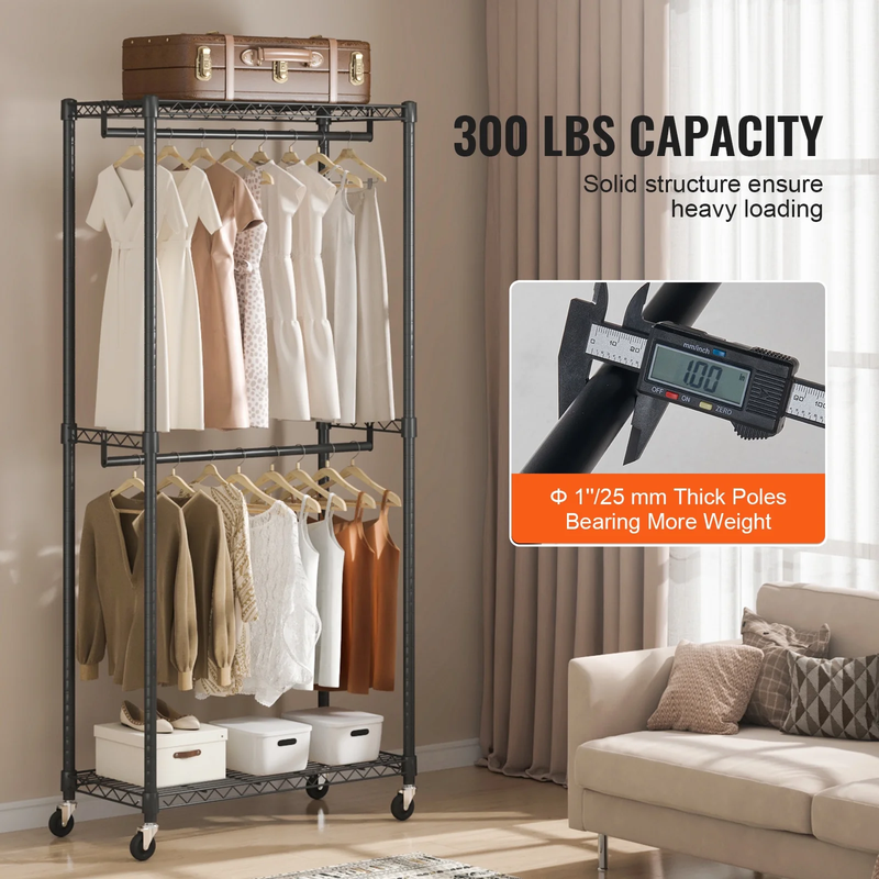 Clothes Rack 300 Lbs Double Hanging Garment Rack with Wheels Heavy Duty Rolling 1