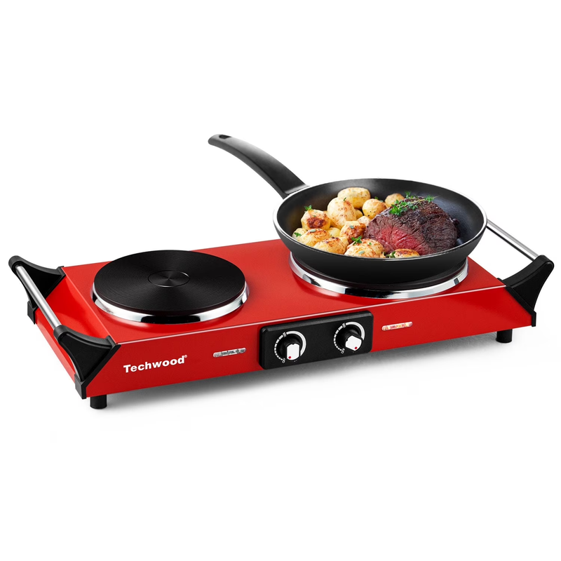1800W Dual Burner Electric Hot Plate Stove, Portable Cooktop, Red0