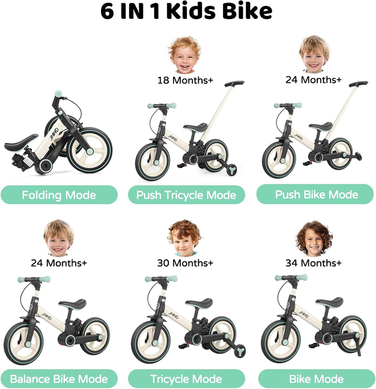 6-in-1 Toddler Bike 12" Balance Bike Push Handle Training Wheels Kids1