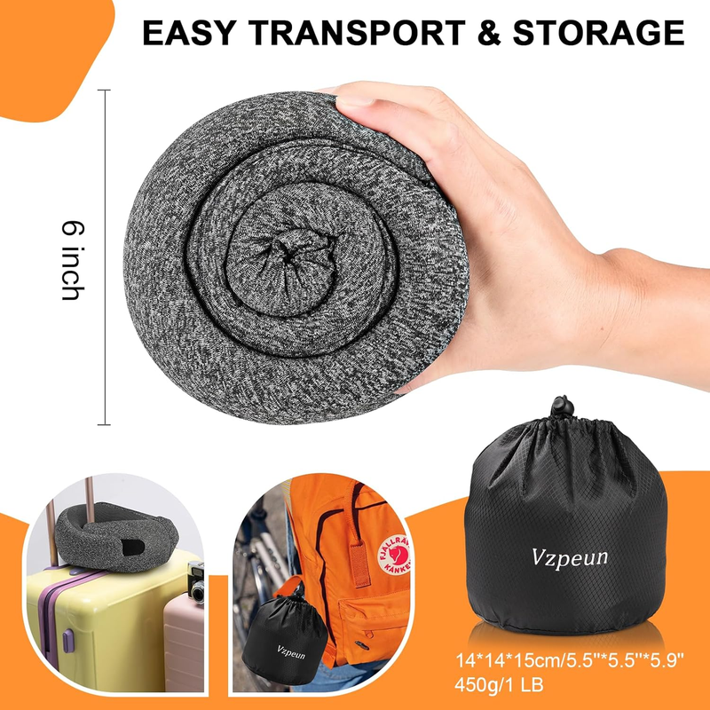 Hooded Memory Foam Travel Neck Pillow w/ Eye Mask & Earplugs – Dark Gray5
