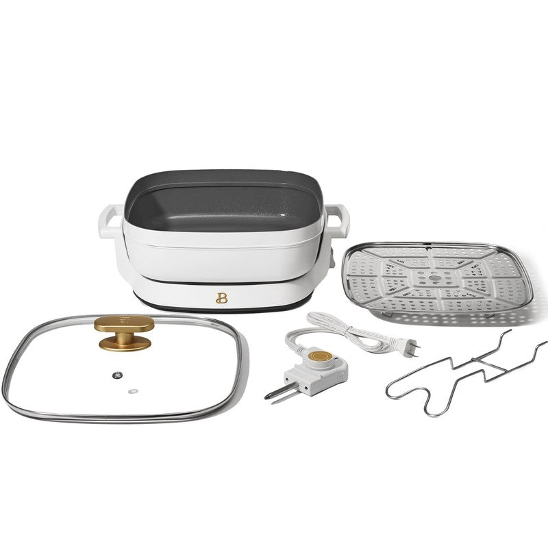 5 in 1 Electric Skillet Expandable to 7 Qt w/ Glass Lid White Icing8