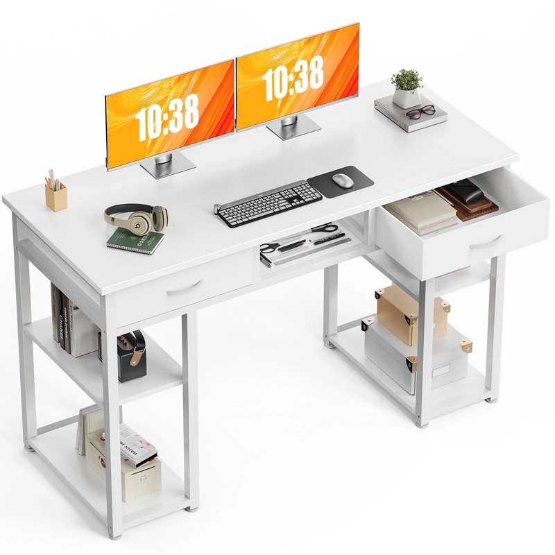 48" Small Desk w/ Fabric Drawers & Shelves Computer/Writing Desk White8