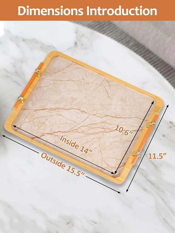 16" X 12" Bamboo Serving Tray with Handles – Marble Pattern Decorative Rectangle2