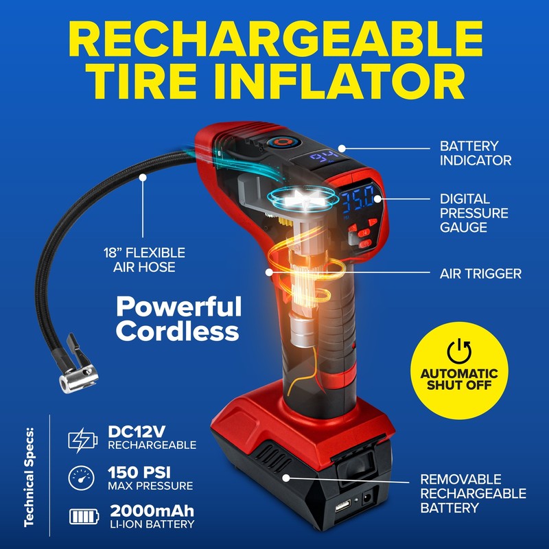 150 PSI Tire Inflator  Portable Electric Air Compressor for Car Bike, LED, 12V 10