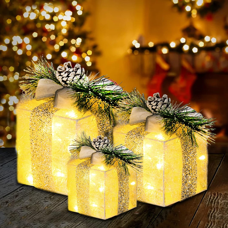 Set of 3 Christmas Lighted Gift Boxes, Plug in 60 LED Light up Tinsel Present Bo4