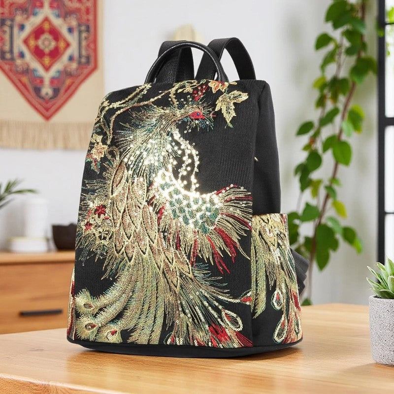 Women Glitter Embroidery Backpack Canvas Anti Theft Travel Shoulder Bag Black1