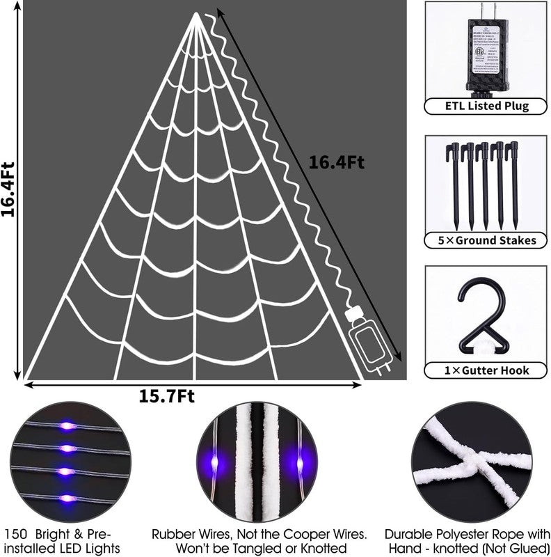 150 LED Halloween Spider Web Lights, 16.4FT, 8 Modes, Purple, Outdoor/Indoor4