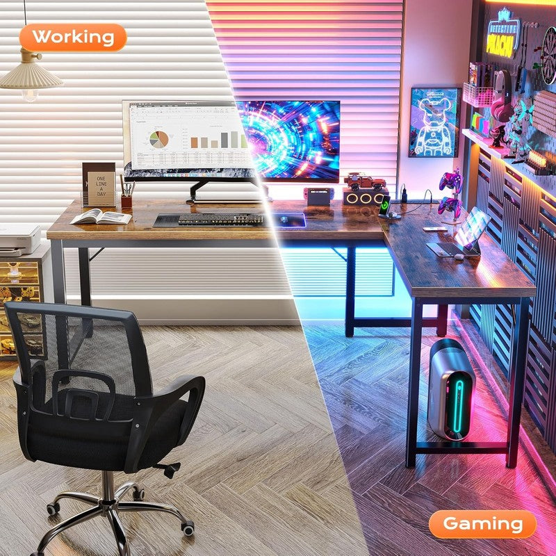 63'' L Shaped Desk w/ Power Outlets USB C Corner Gaming Desk Rustic Brown5