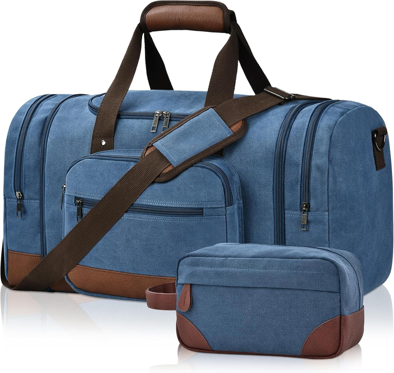 50L Canvas Duffle Bag Blue w/ Toiletry Bag Travel Gym Weekender Carry On8