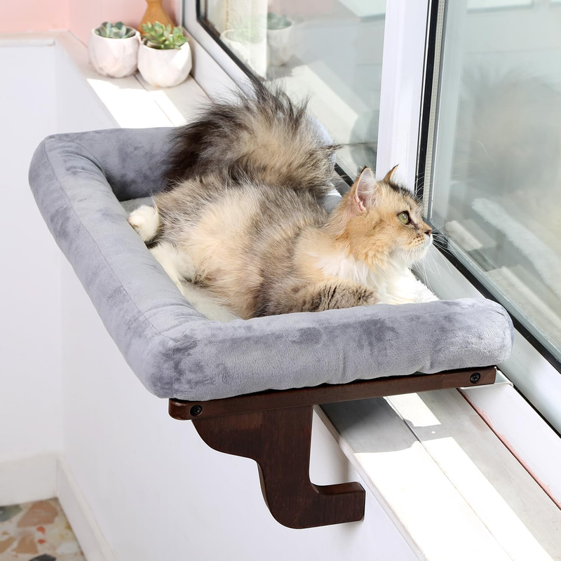 Cat Window Perch Sill Hammock Bed Large Hardwood Metal Frame Dark Wood Gray 24in9