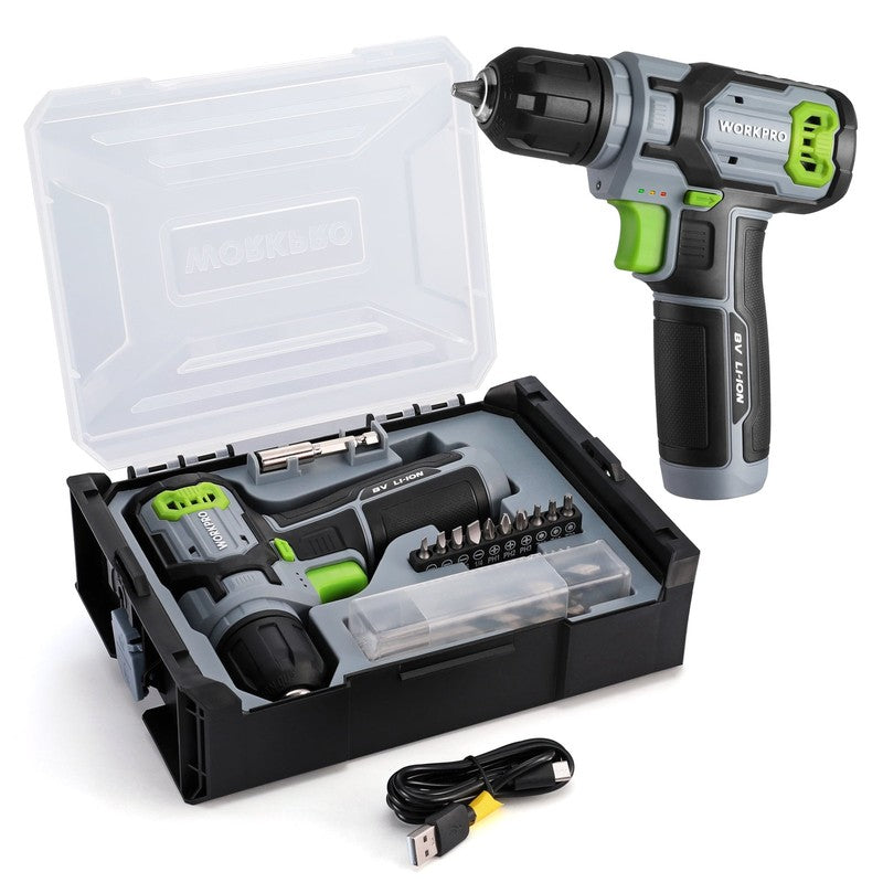 8V Cordless Drill Driver Set 2.0Ah 3/8in Keyless Chuck Tool Box DIY Repair Kit6