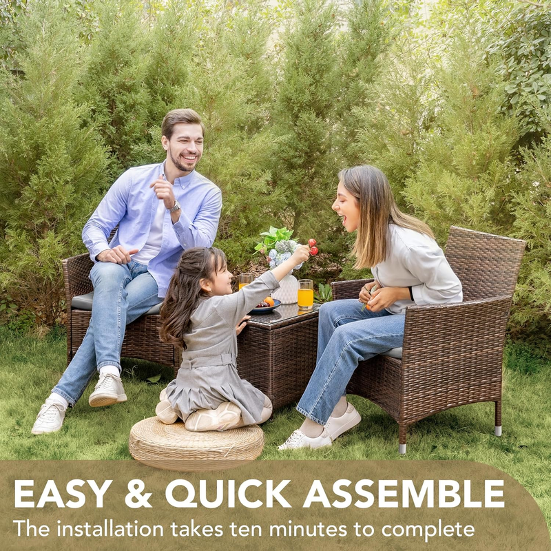 3 Piece Patio Furniture Set PE Rattan Table Outdoor Set Brown Grey Patio Porch3