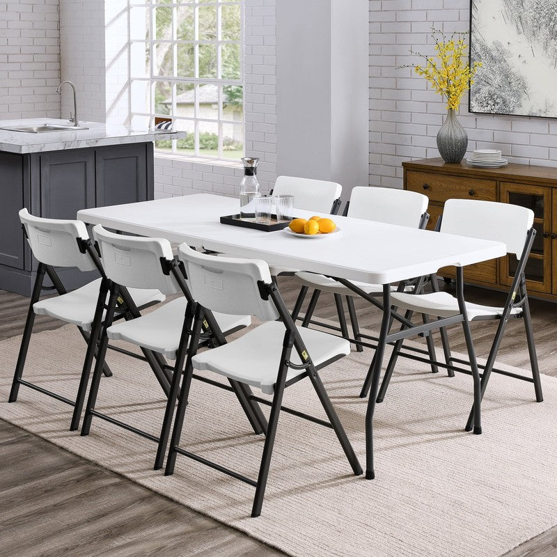 White 6 Foot Fold in Half Plastic Table Indoor Outdoor Scratch Resistant Carry H4