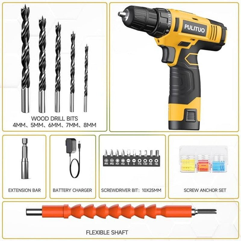 12V Cordless Power Drill Kit 21+1 Torque LED Battery Charger Compact Yellow7