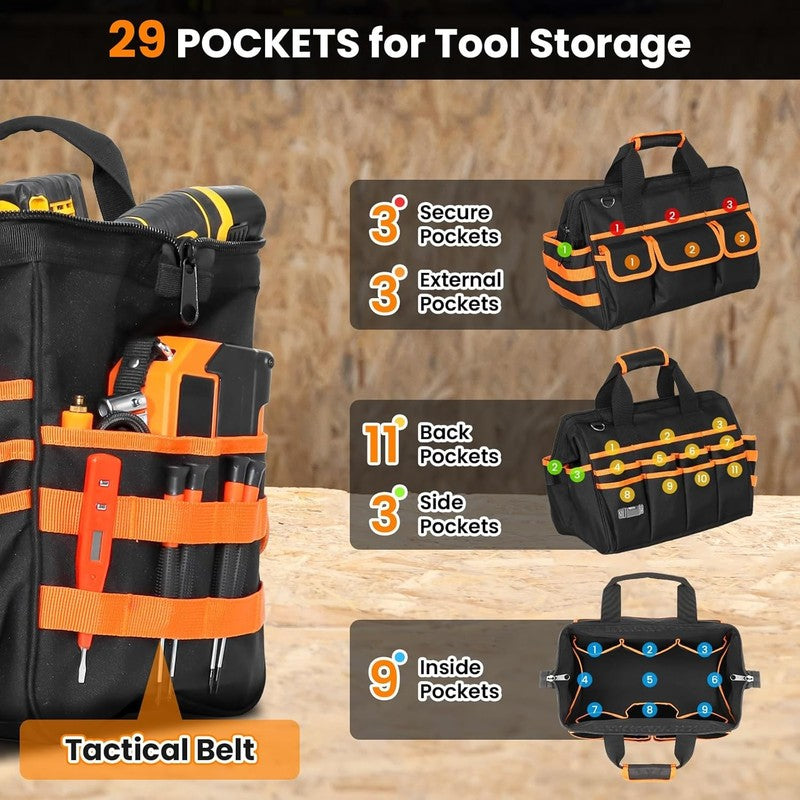 17" Heavy Duty Tool Bag Multi-Pocket Waterproof Organizer Black-Orange1