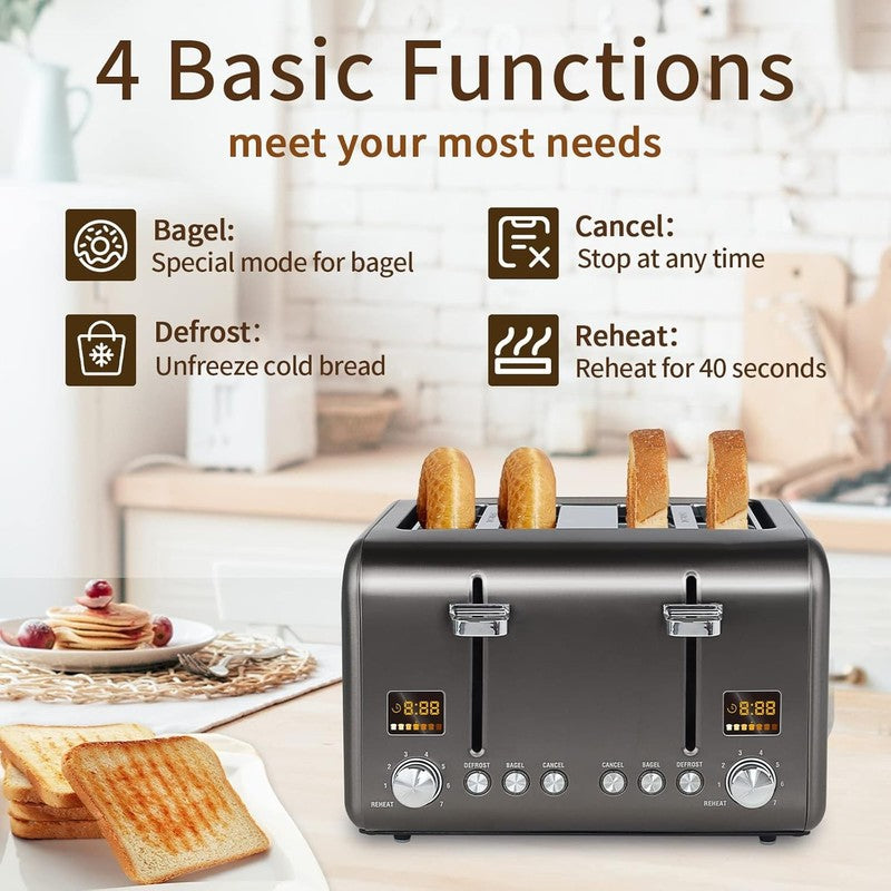 4 Slice Stainless Toaster - LCD, 7 Shades, Wide Slots, Bagel, Defrost, 1800W3