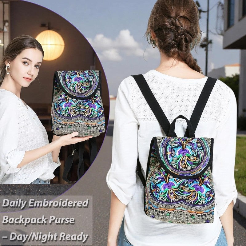 Women Embroidered Backpack Boho Floral Mini Travel Shoulder Bag Purple4