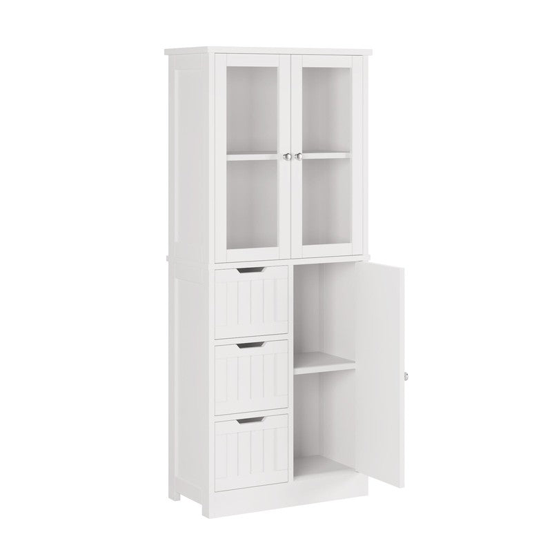 Bathroom Storage Cabinet Wooden W/ 4 Drawers & 3 Doors Glass Doors, MDF Freestan8