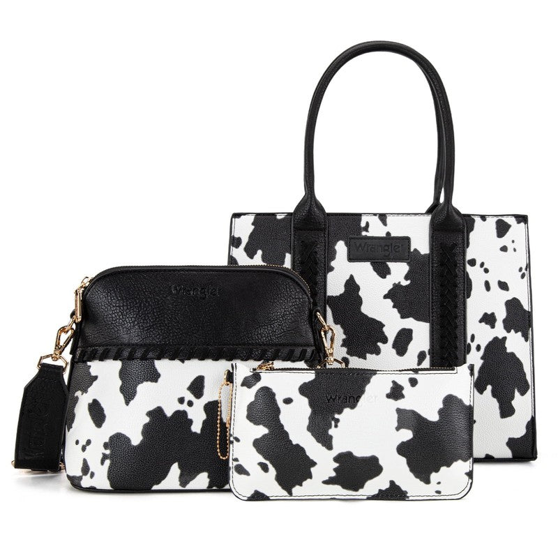 Wrangler 3Pc Handbag Set Tote Crossbody Purse Wallet Cow Print Black4