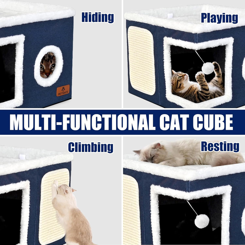 Cat Beds for Indoor Cats, Large Cat Cave Bed with Scratch Pad and Fluffy Ball, F6