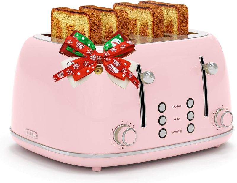 4-Slice Retro Toaster Pink 6 Shade Settings Cancel/Defrost/Reheat Wide Slots10
