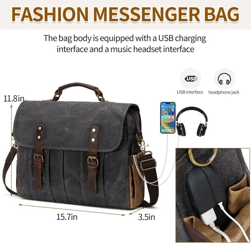 Men's 15.6" Vintage Canvas Leather Laptop Messenger Bag Dark Gray Satchel1