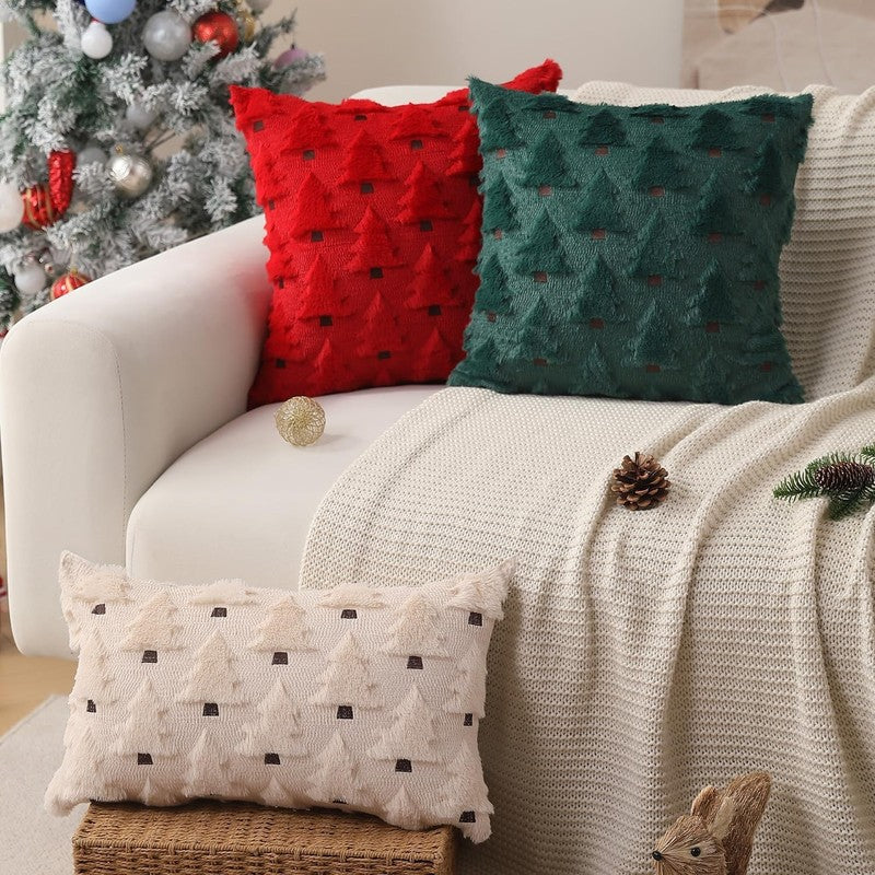 Christmas Pillow Covers 18"x18" Set of 2 Red Plush Faux Fur Tree Holiday Decor3