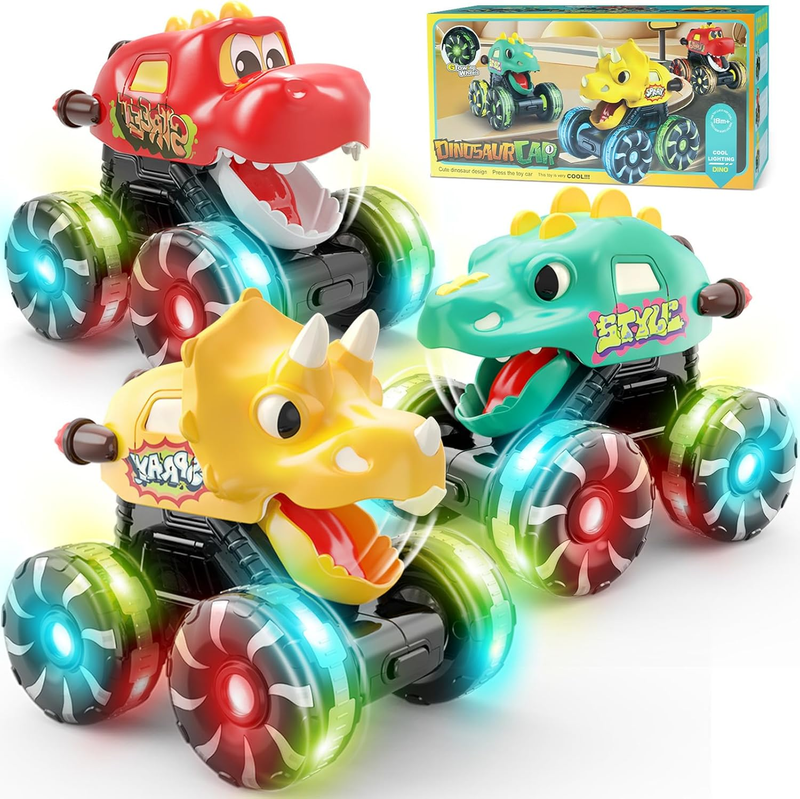 3 Pack Dinosaur Car Toys for Kids Toddlers, Light up Wheels Monster Truck Toys f9