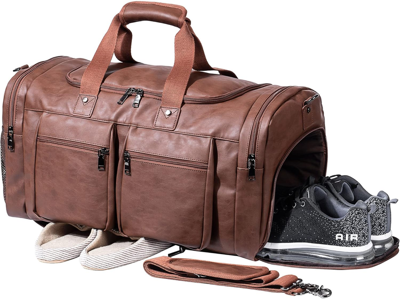 Leather Travel Duffel Bag Waterproof Weekender Overnight Carry On Shoe Brown9